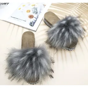 Summer Gray Synthetic Fur Rivet Platform House Slippers for Women