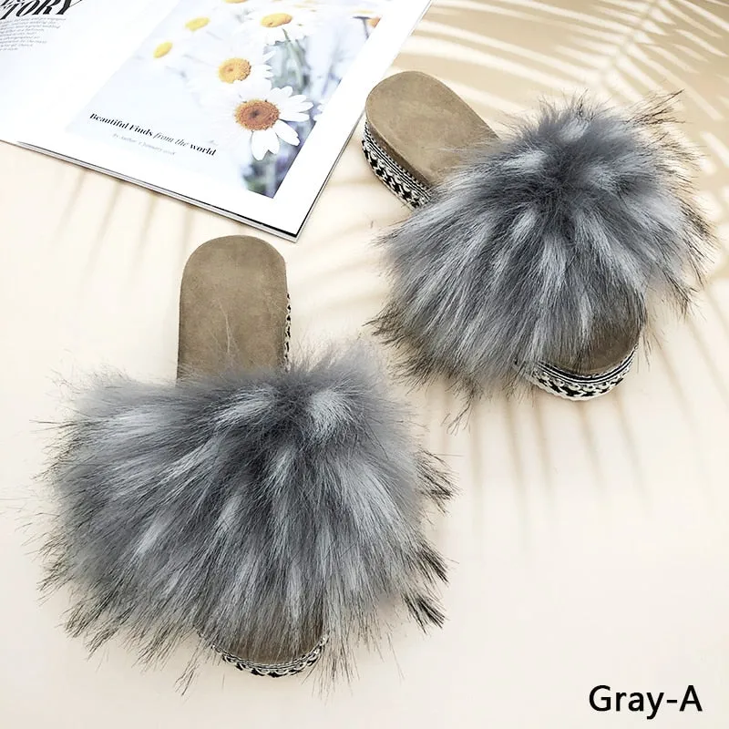 Summer Gray Synthetic Fur Rivet Platform House Slippers for Women