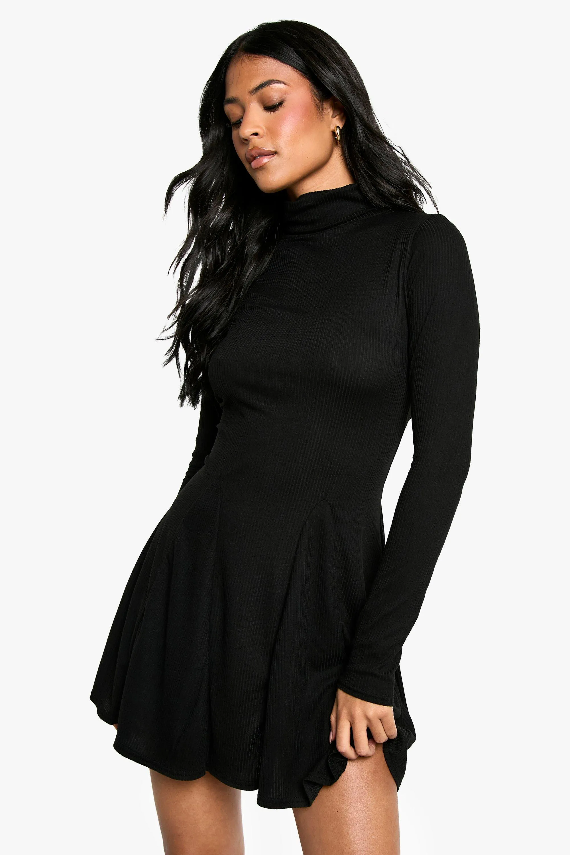 Tall Godet Hem Rib Skater Dress With Turtleneck Style