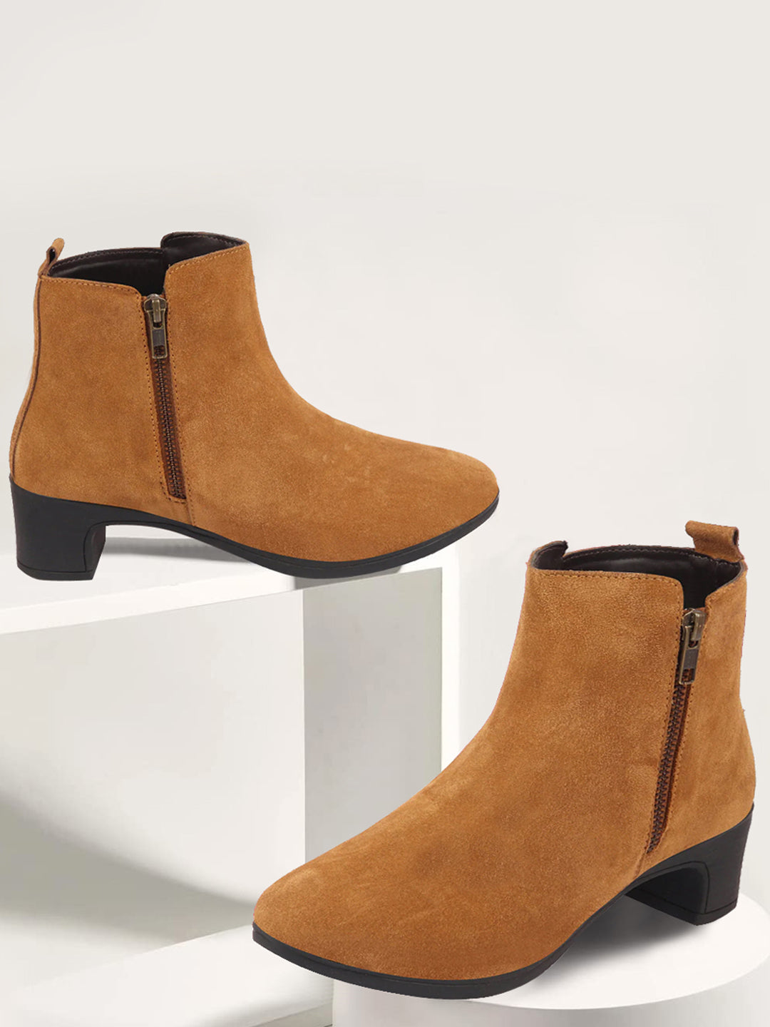 Tan Suede Leather Flared Heel Mid Top Winter Chelsea Boots for Women