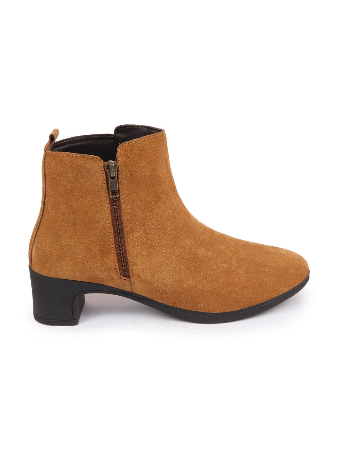 Tan Suede Leather Flared Heel Mid Top Winter Chelsea Boots for Women