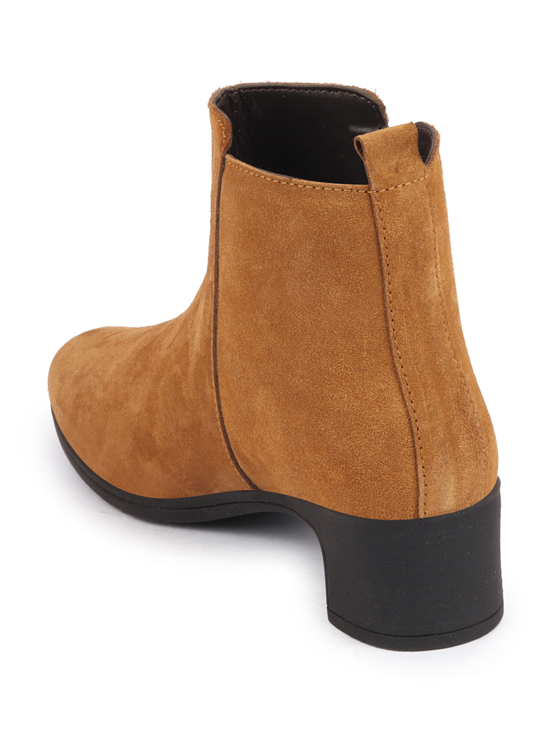 Tan Suede Leather Flared Heel Mid Top Winter Chelsea Boots for Women