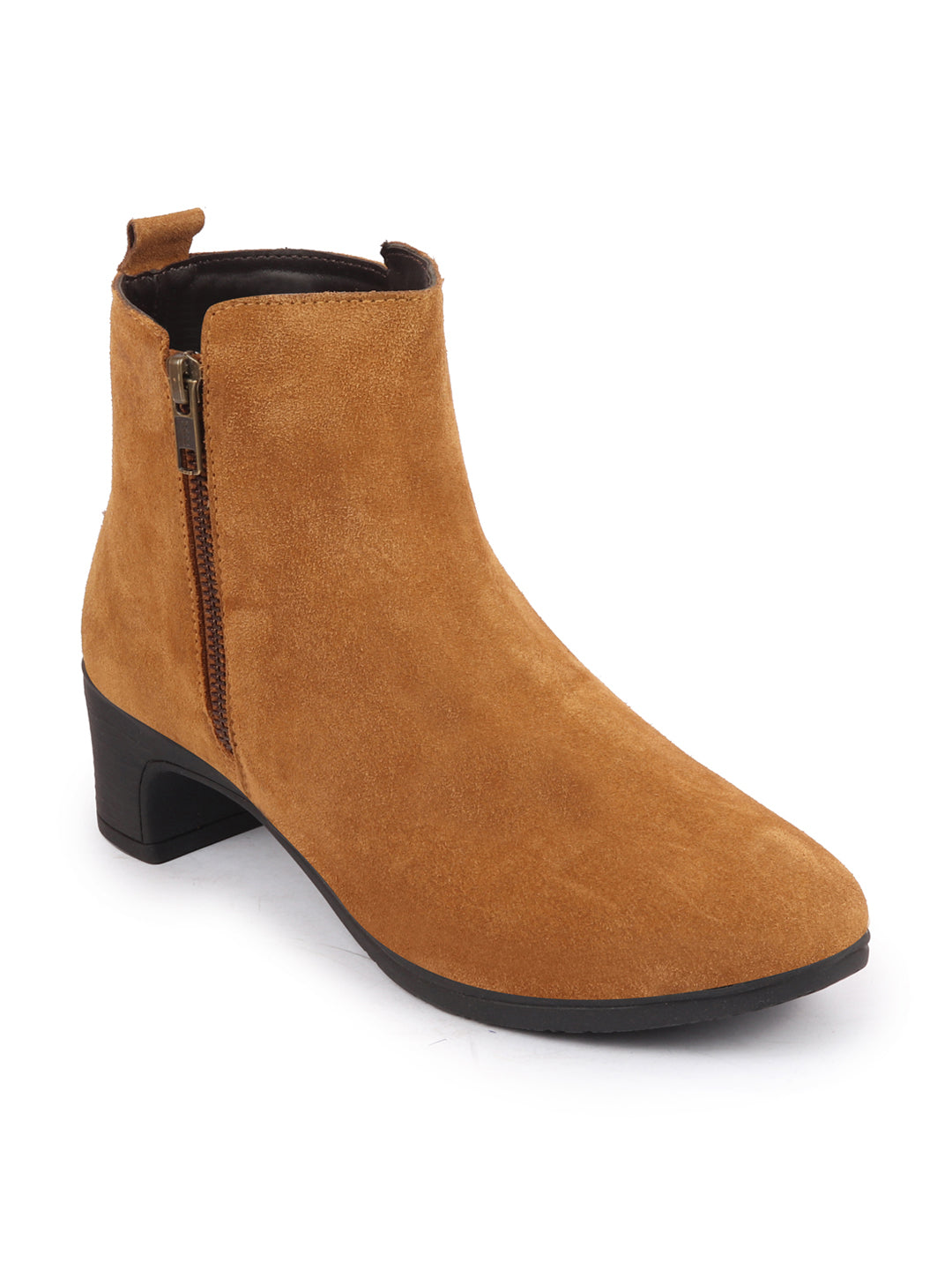 Tan Suede Leather Flared Heel Mid Top Winter Chelsea Boots for Women