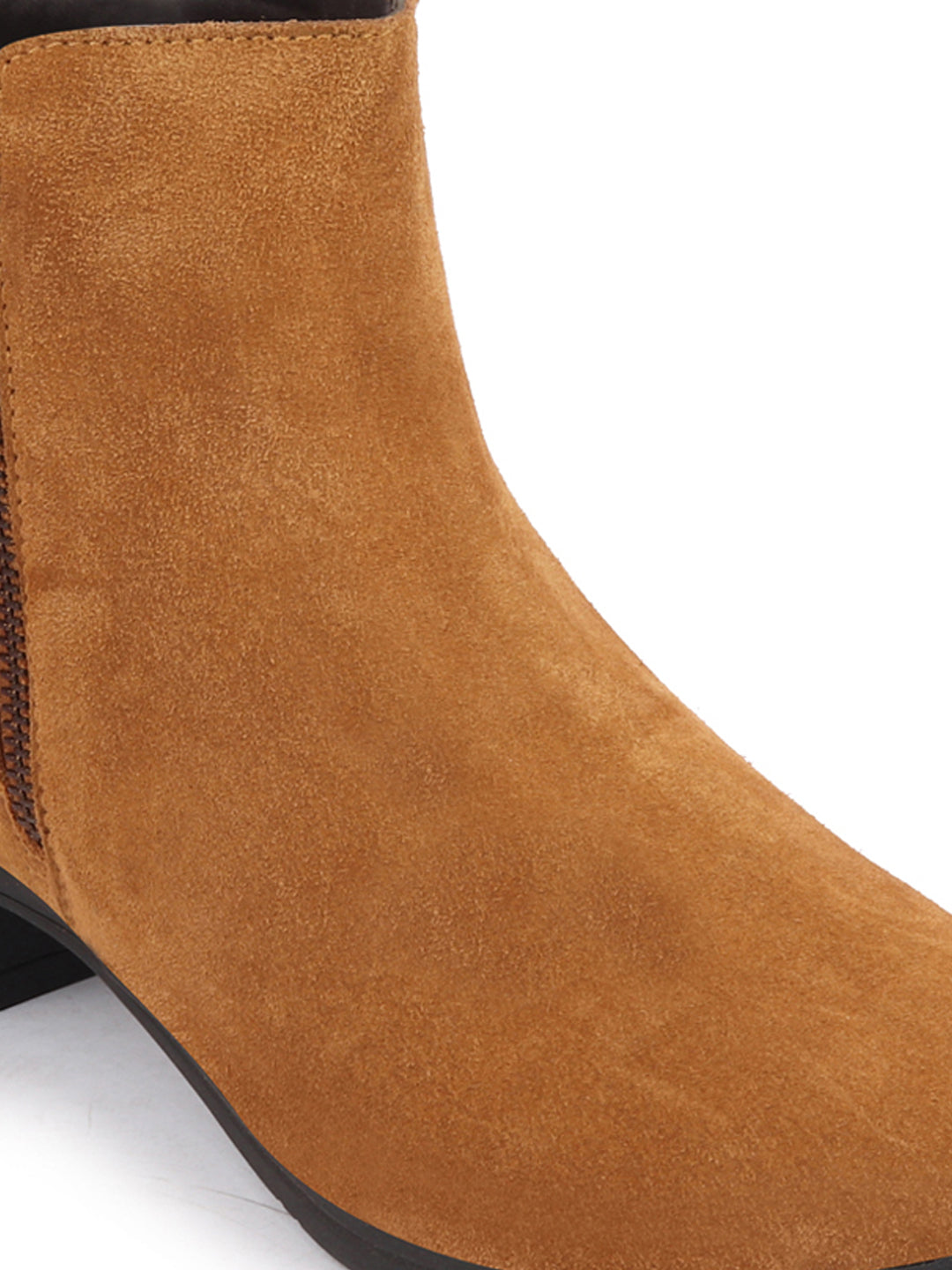 Tan Suede Leather Flared Heel Mid Top Winter Chelsea Boots for Women