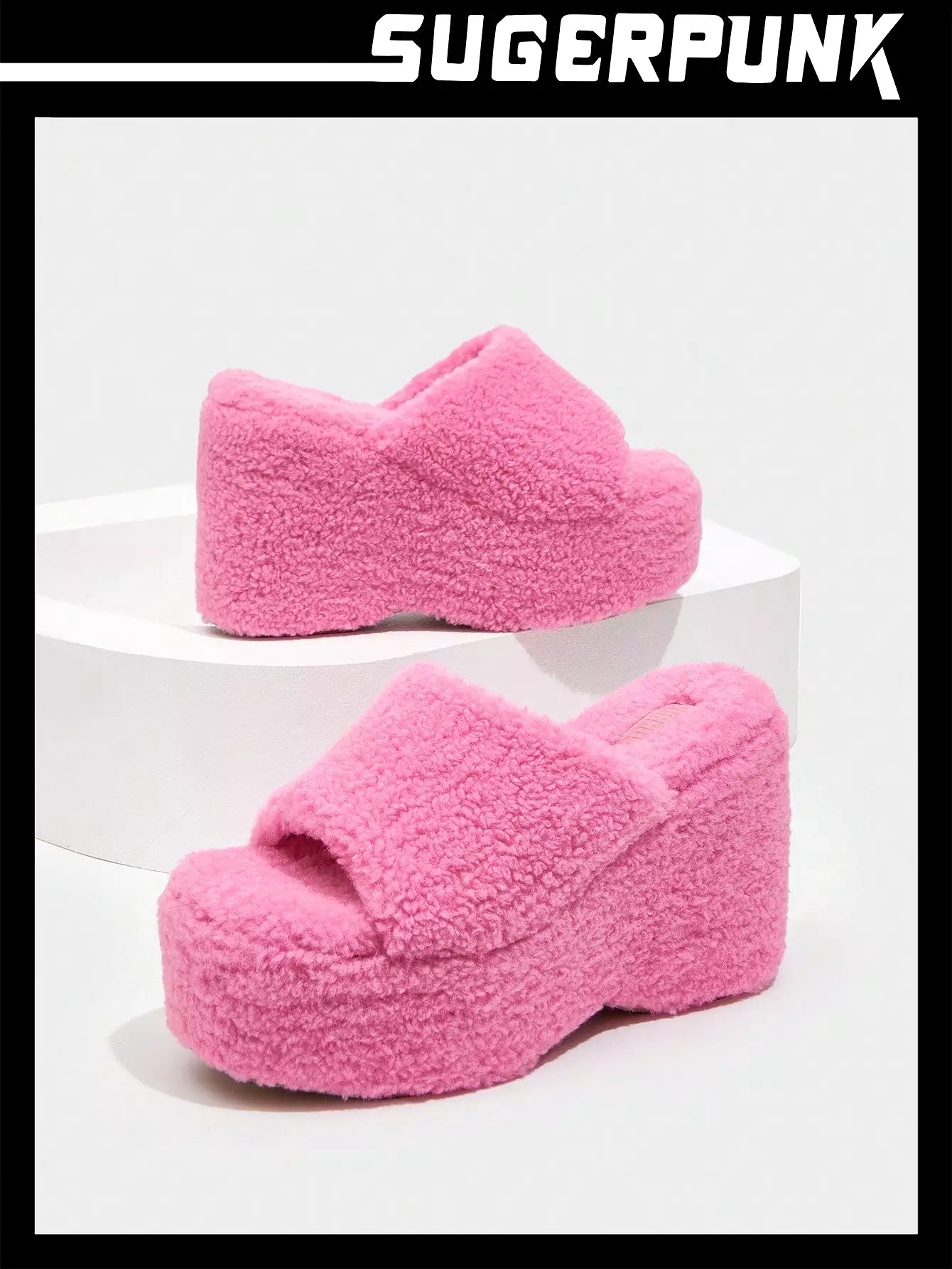 Valentine's Day Neon-Pink Fuzzy Wedge Slide Outdoor Sandals for Women