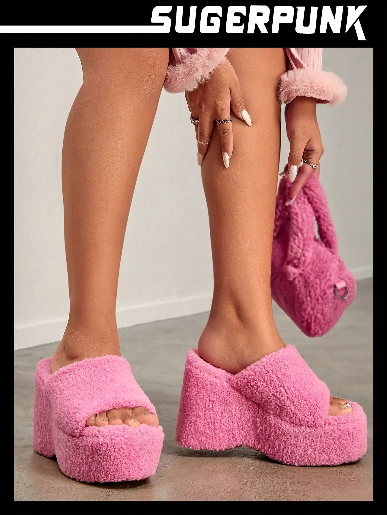 Valentine's Day Neon-Pink Fuzzy Wedge Slide Outdoor Sandals for Women