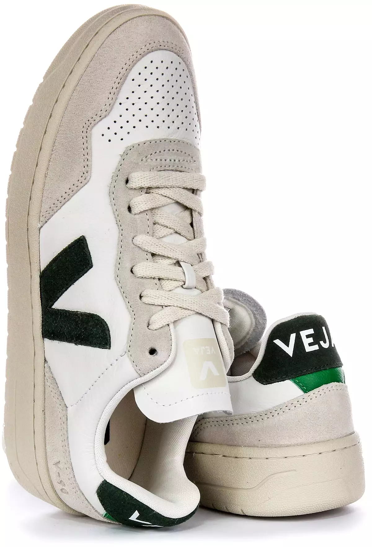 Veja V 90 Women's Leather Sneakers in White Green