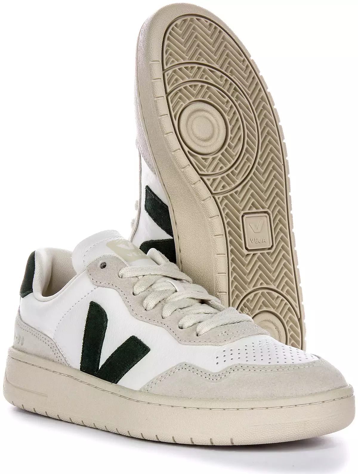 Veja V 90 Women's Leather Sneakers in White Green