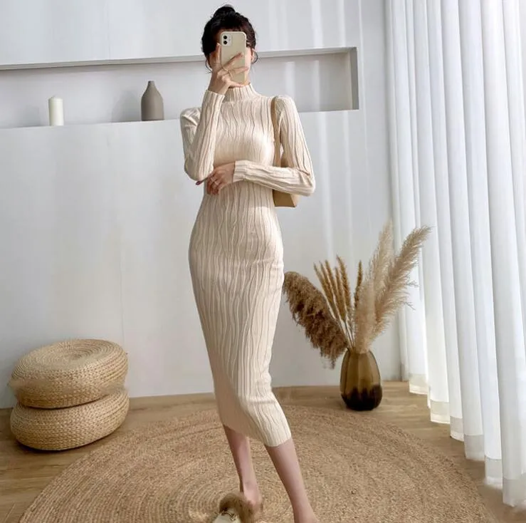 Winter Knit Bodycon Dress for Women - Mid-Calf Length - Casual and Elastic