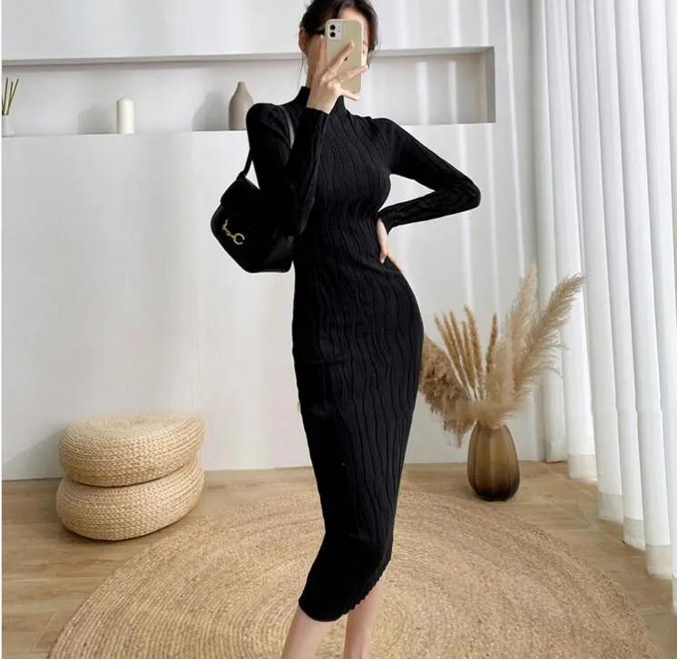 Winter Knit Bodycon Dress for Women - Mid-Calf Length - Casual and Elastic