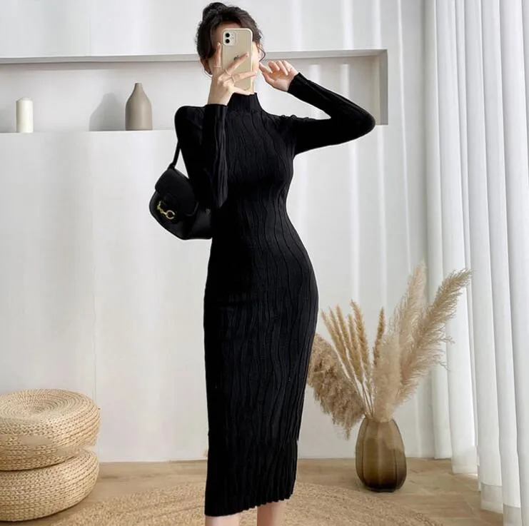 Winter Knit Bodycon Dress for Women - Mid-Calf Length - Casual and Elastic