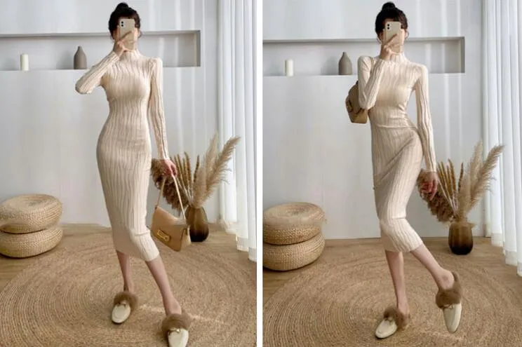 Winter Knit Bodycon Dress for Women - Mid-Calf Length - Casual and Elastic