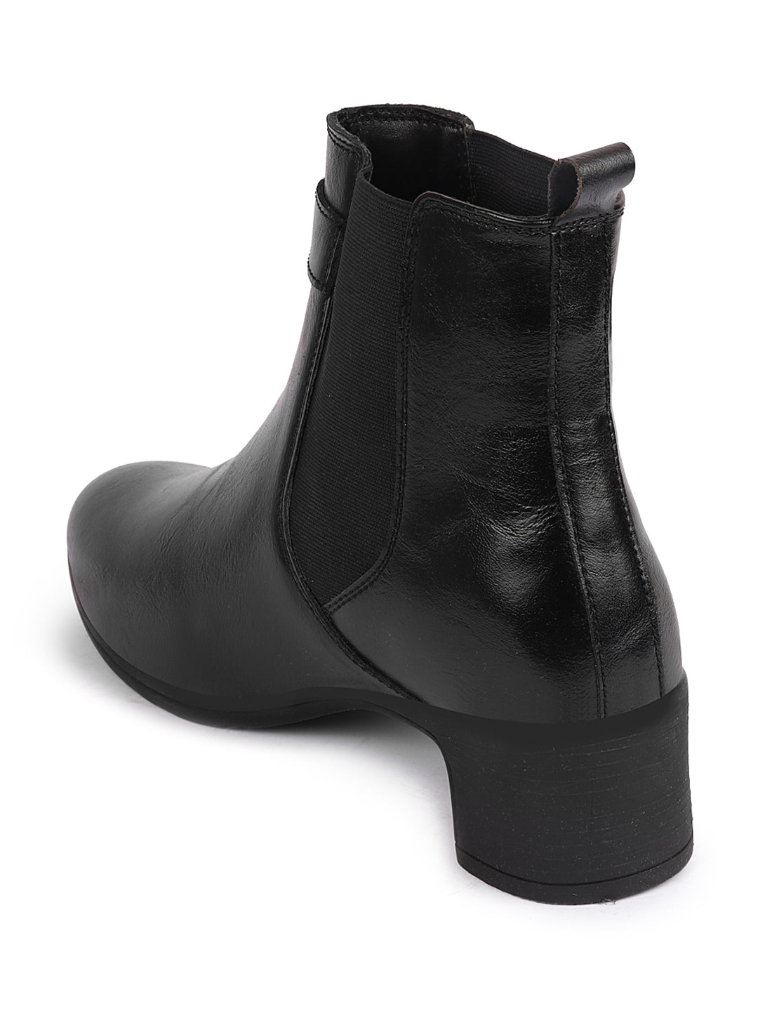 Women Black Heel Ankle Boots, Flared Winter Buckle Strap Chelsea