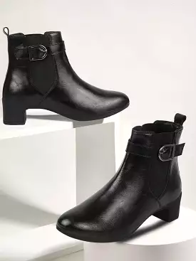 Women Black Heel Ankle Boots, Flared Winter Buckle Strap Chelsea