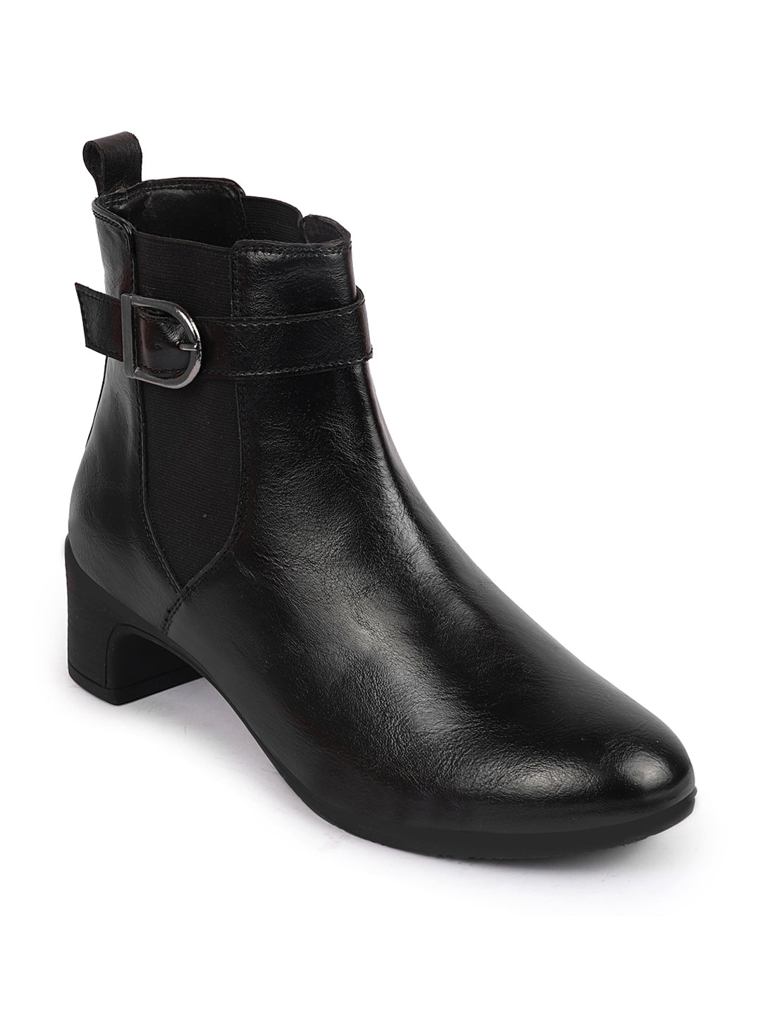 Women Black Heel Ankle Boots, Flared Winter Buckle Strap Chelsea