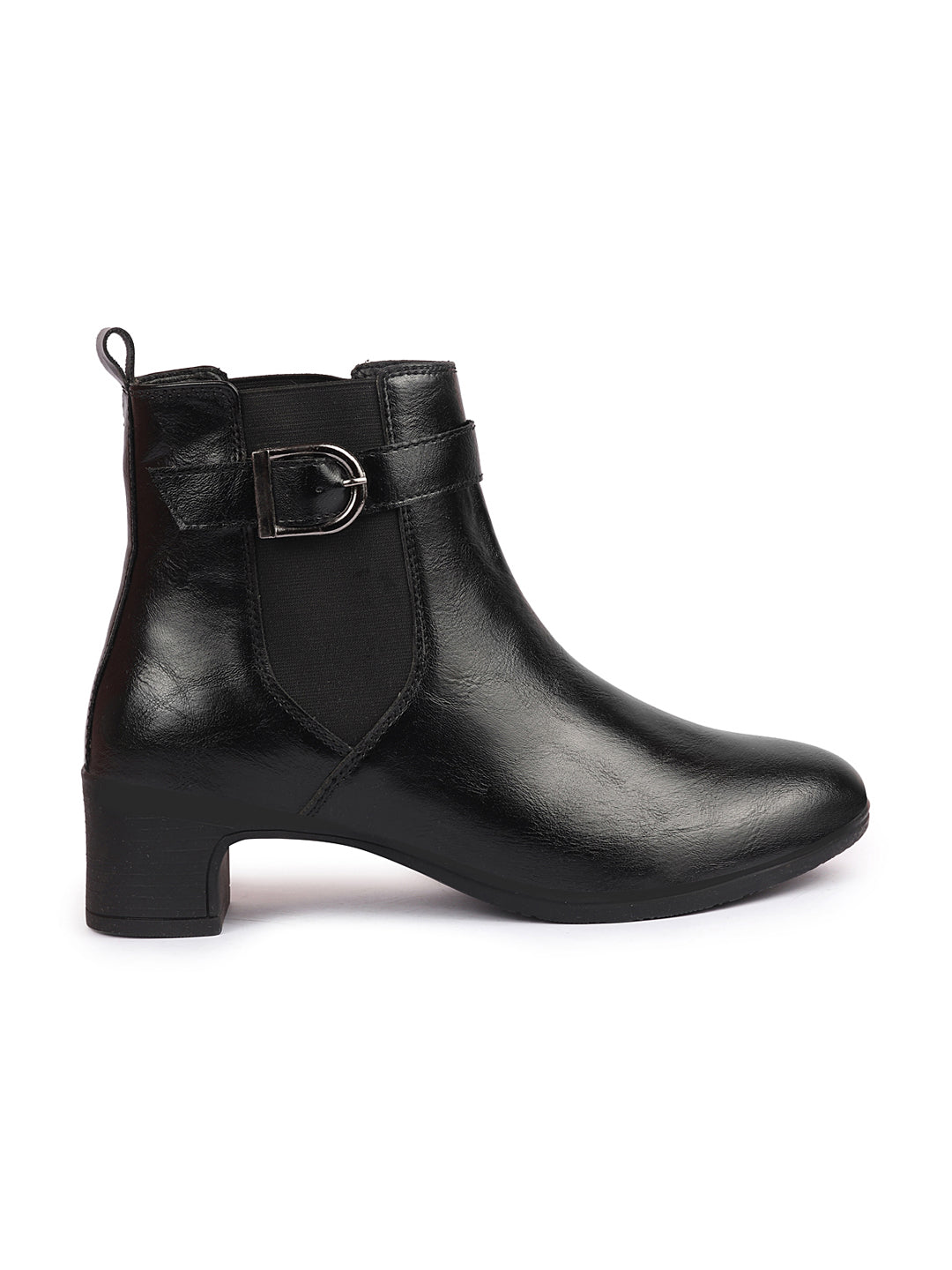 Women Black Heel Ankle Boots, Flared Winter Buckle Strap Chelsea