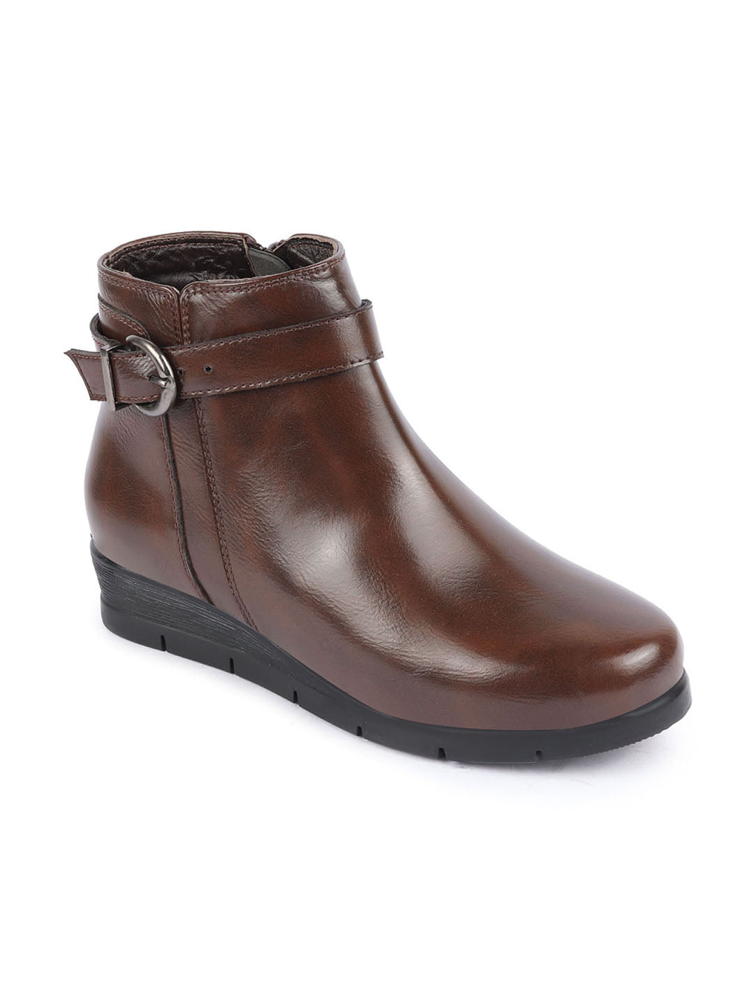 Women Brown High Ankle Wide Feet Side Zip Casual Buckle Boots