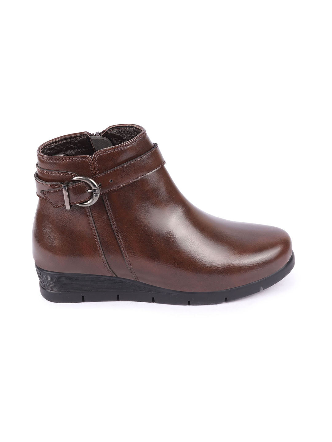 Women Brown High Ankle Wide Feet Side Zip Casual Buckle Boots