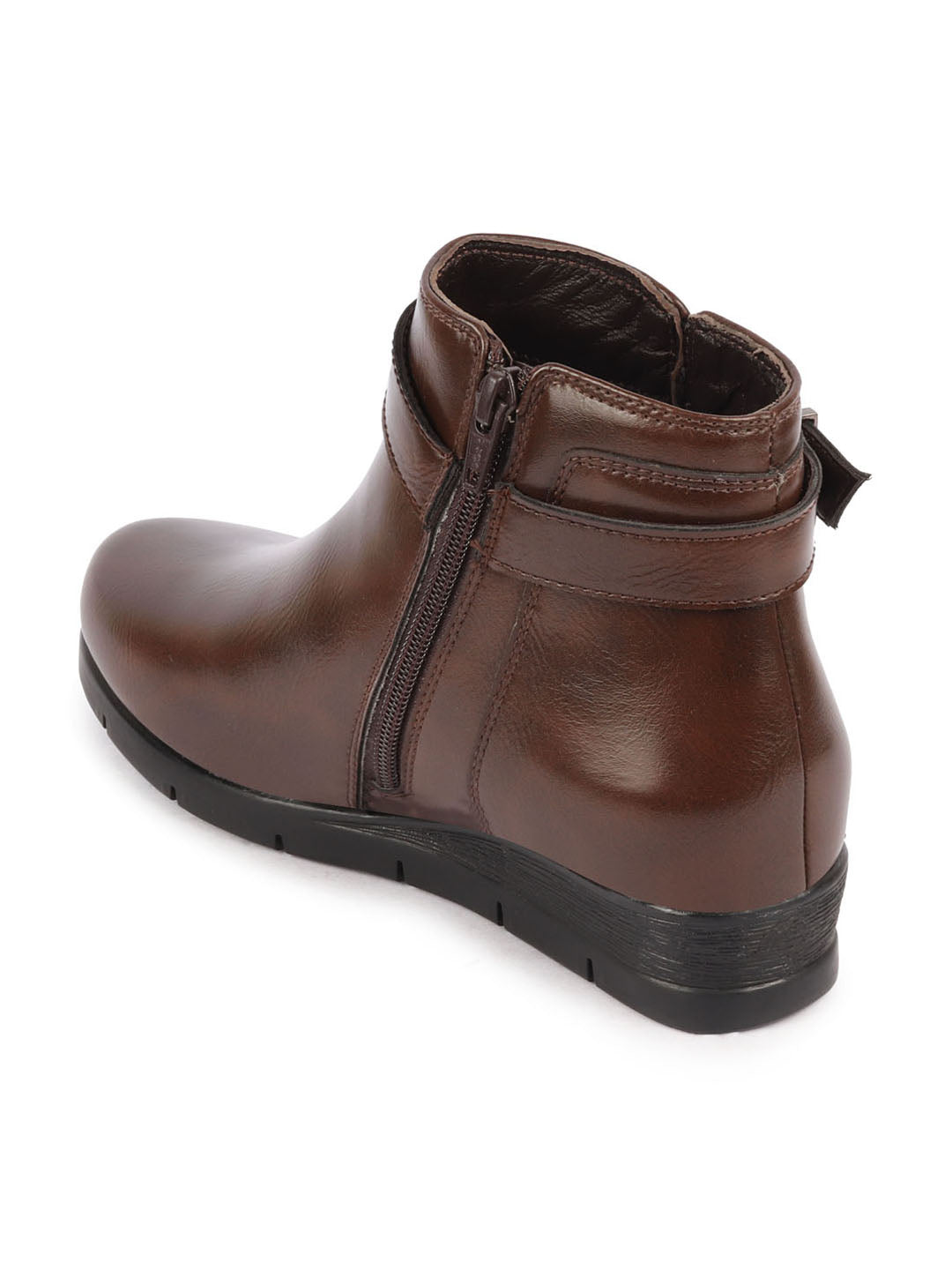 Women Brown High Ankle Wide Feet Side Zip Casual Buckle Boots