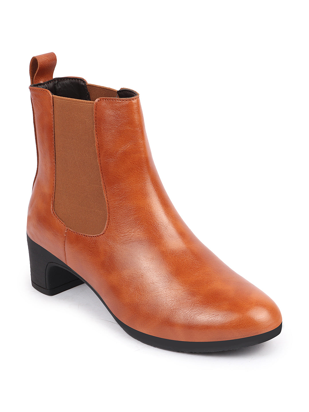 Women Chelsea Boots, Heeled Winter Ankle Boots, Tan Flared High Top Boots