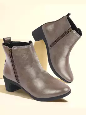 Women Grey Boots Mid Top Flared Heel Winter Classic Zipper