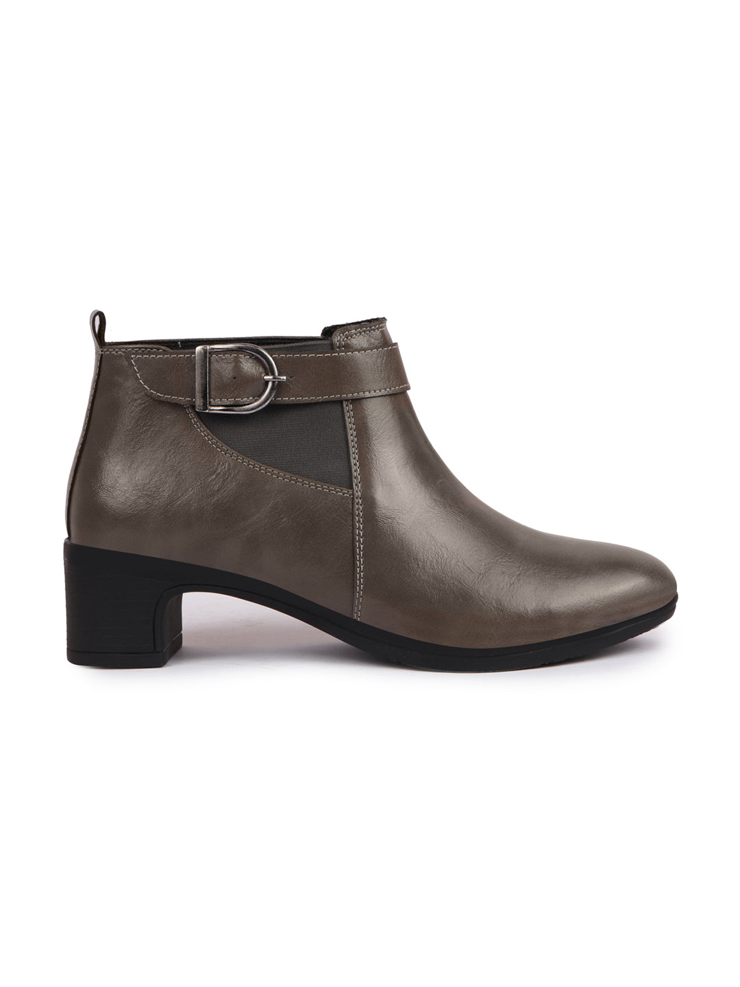 Women Grey Mid Ankle Flared Heel Chelsea Boots with Buckle Strap