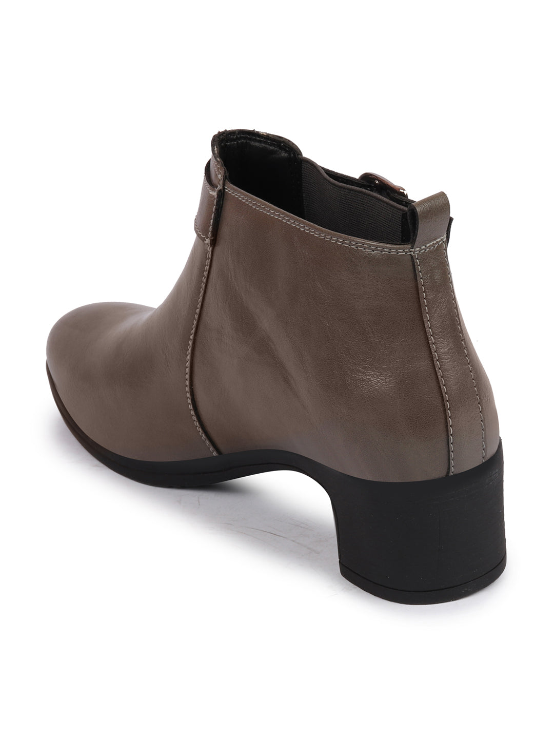 Women Grey Mid Ankle Flared Heel Chelsea Boots with Buckle Strap