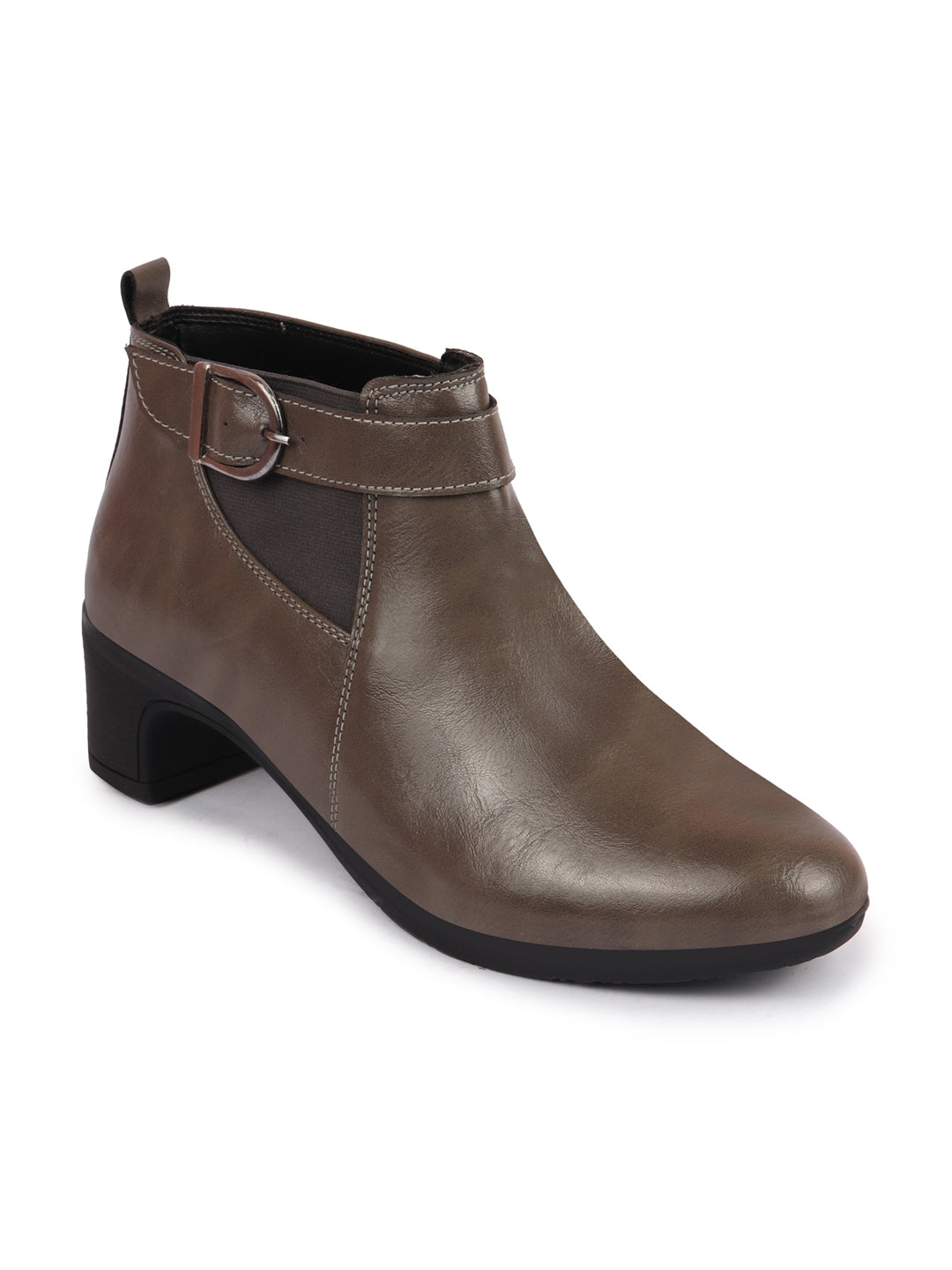 Women Grey Mid Ankle Flared Heel Chelsea Boots with Buckle Strap