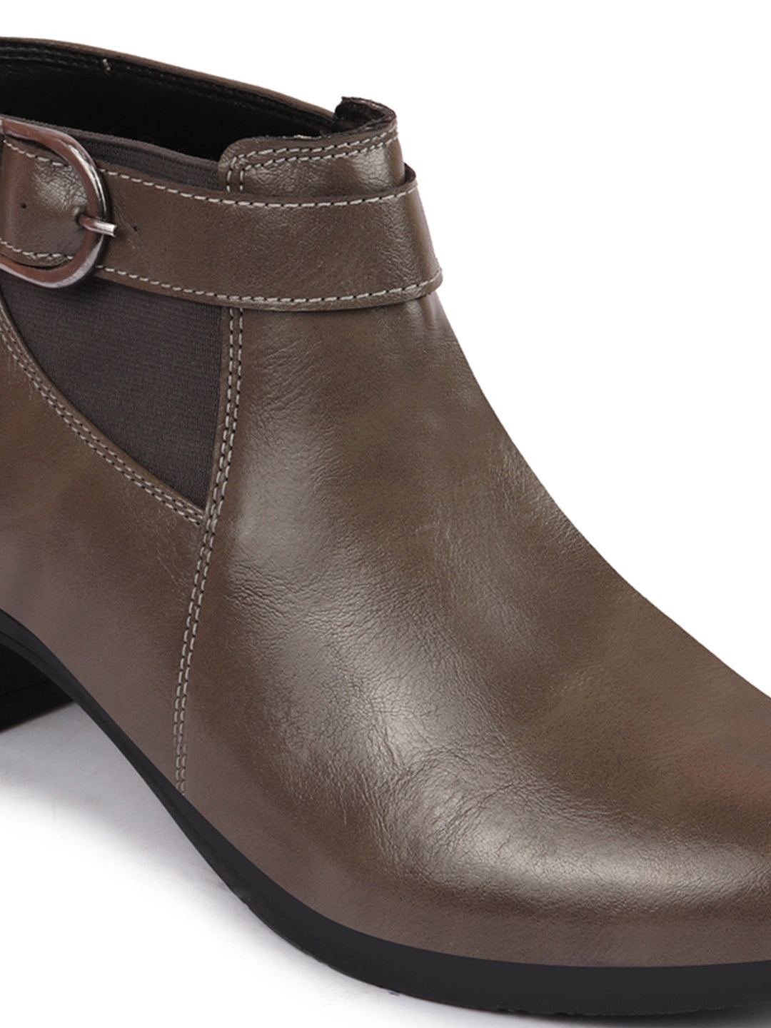 Women Grey Mid Ankle Flared Heel Chelsea Boots with Buckle Strap