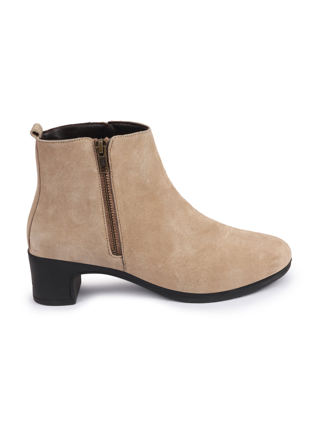 Women Mid Top Suede Leather Winter Chelsea Boots with Flared Heel and Zipper Closure - Cheeku