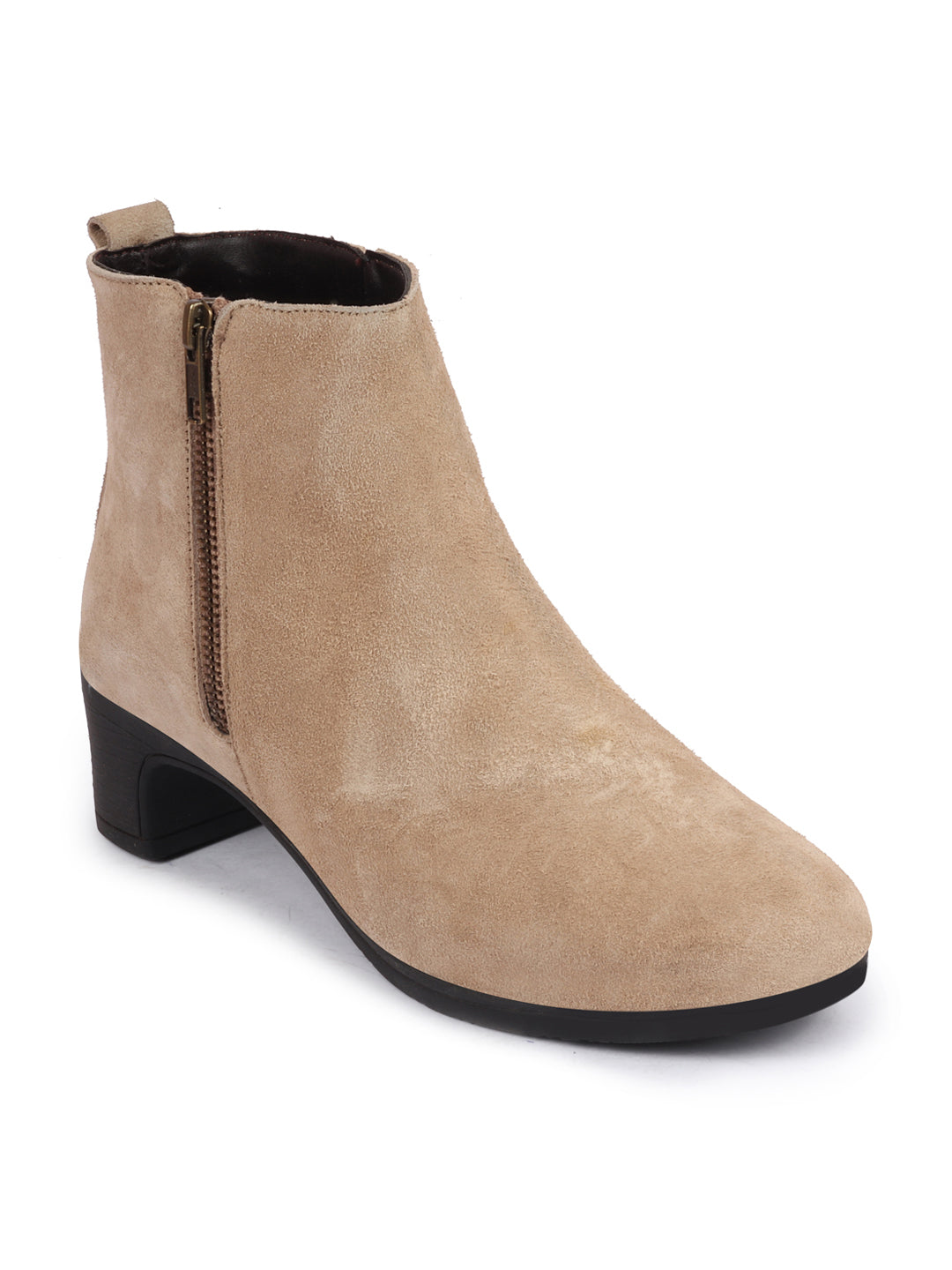 Women Mid Top Suede Leather Winter Chelsea Boots with Flared Heel and Zipper Closure - Cheeku