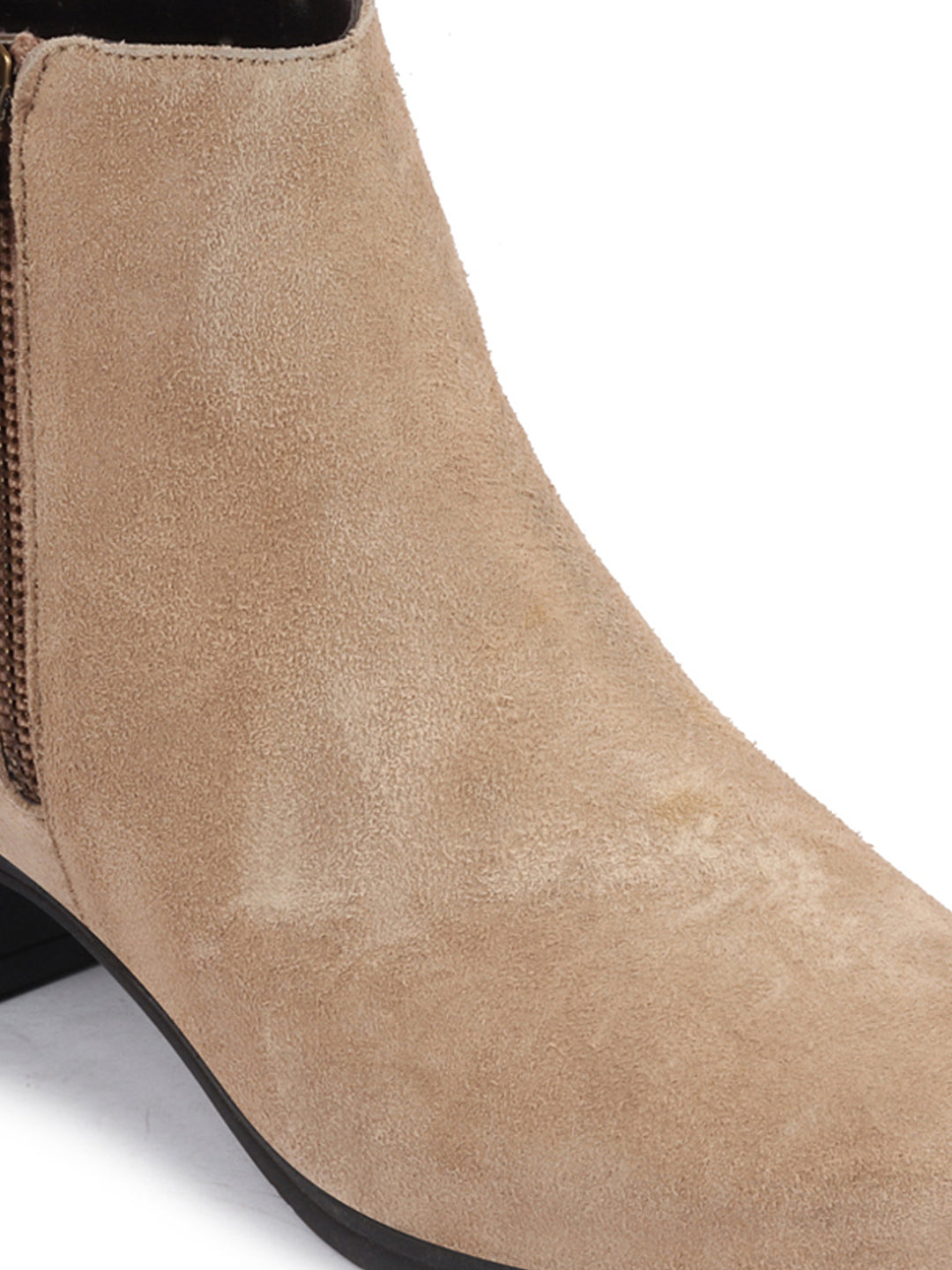 Women Mid Top Suede Leather Winter Chelsea Boots with Flared Heel and Zipper Closure - Cheeku