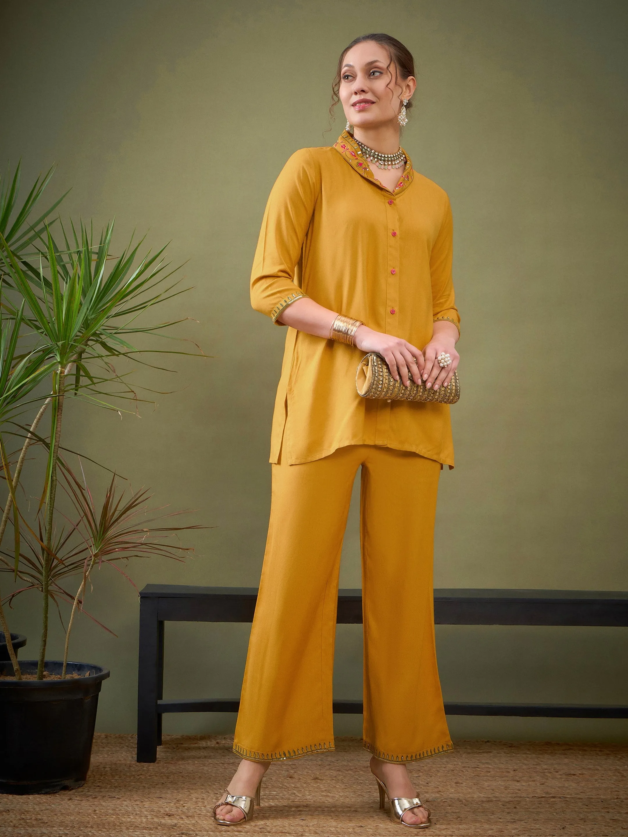 Women Mustard Shawl Collar Embroidered Shirt With Palazzos