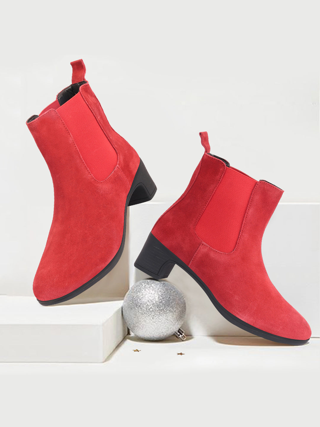 Women Red Flared Heel Suede Leather Winter Chelsea Boots