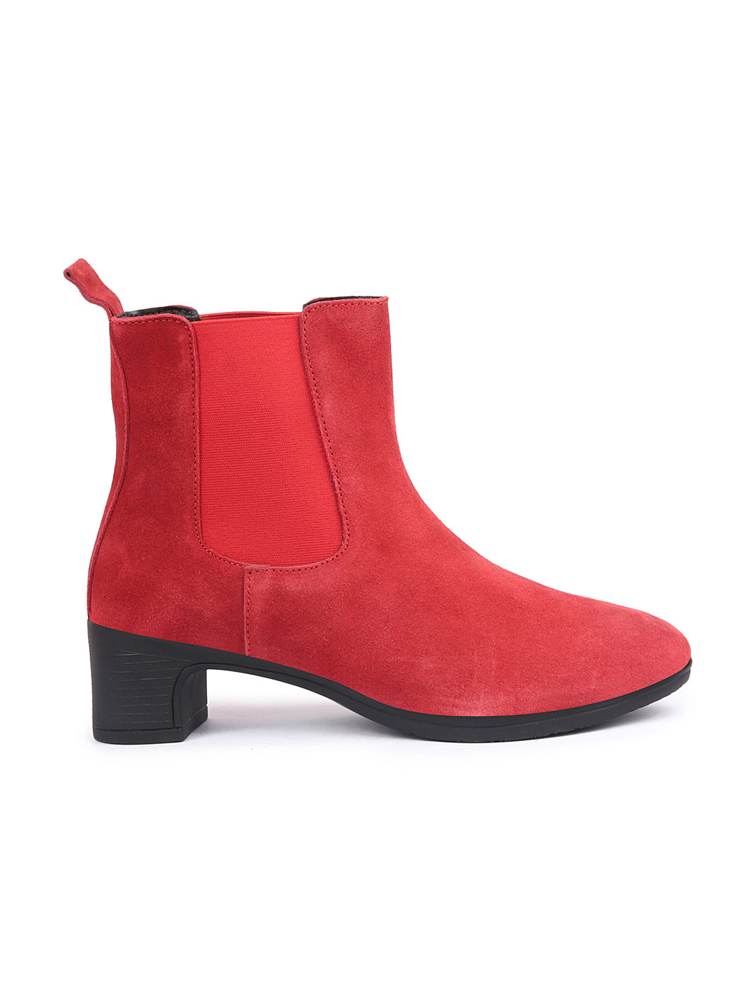 Women Red Flared Heel Suede Leather Winter Chelsea Boots