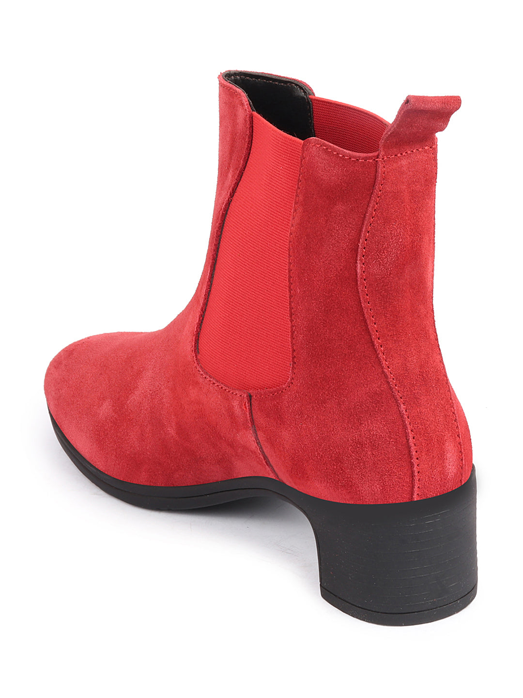 Women Red Flared Heel Suede Leather Winter Chelsea Boots