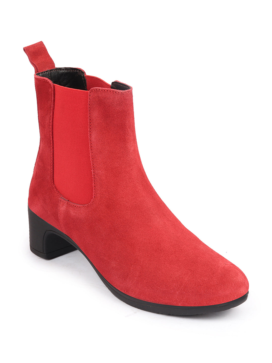 Women Red Flared Heel Suede Leather Winter Chelsea Boots