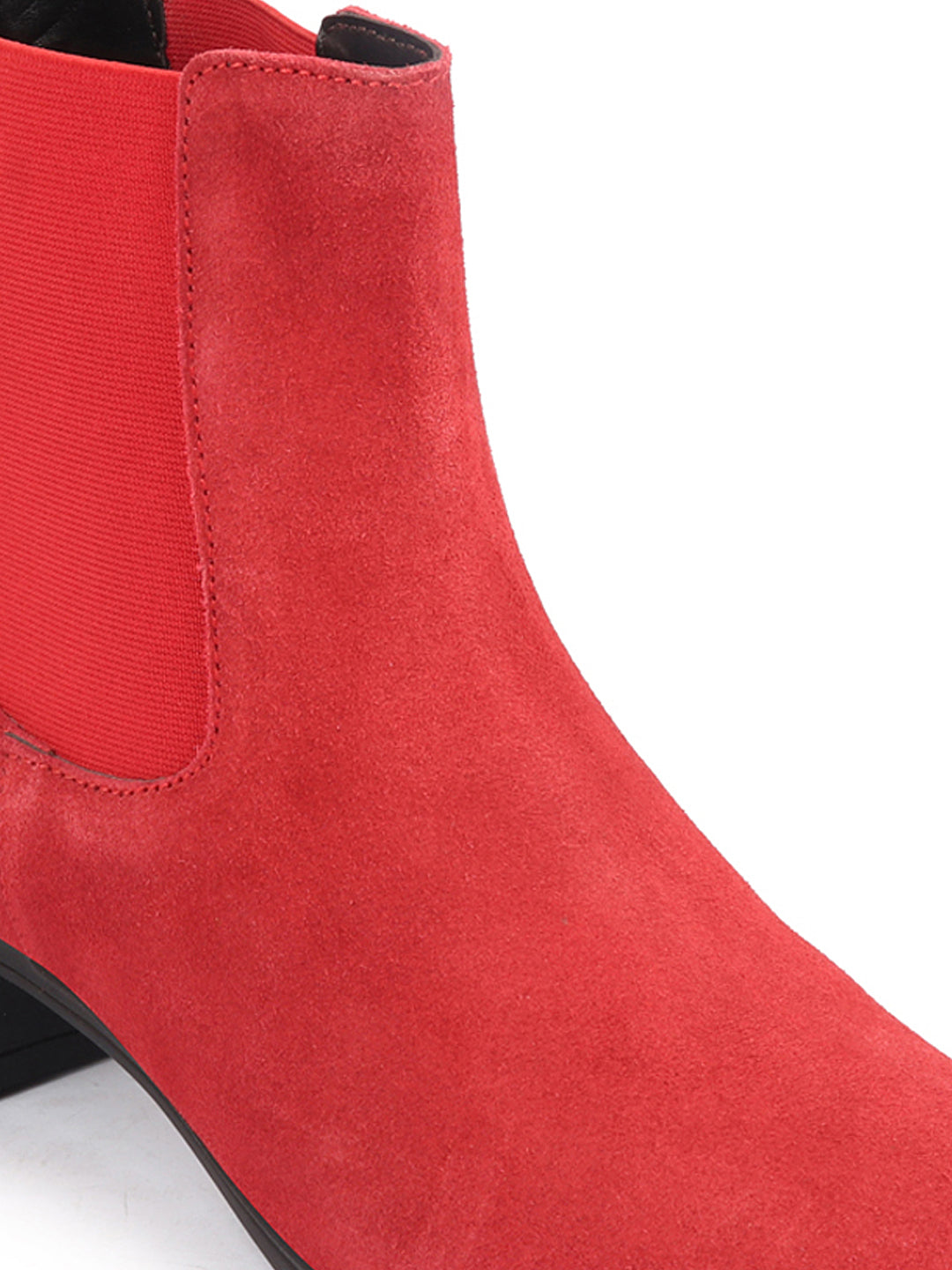 Women Red Flared Heel Suede Leather Winter Chelsea Boots