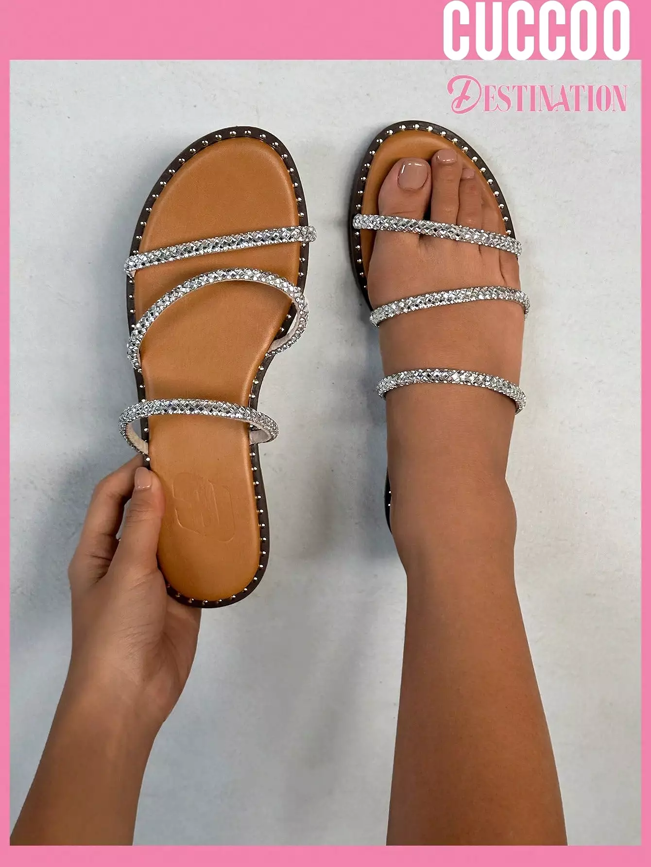 Women Rhinestone Sandals, Multi Strap Flat Sandals, Glamorous Slide Sandals