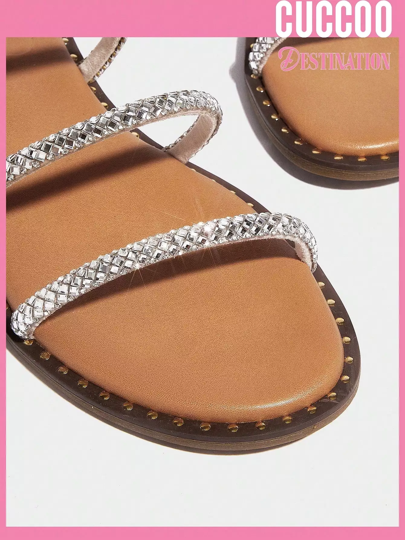 Women Rhinestone Sandals, Multi Strap Flat Sandals, Glamorous Slide Sandals