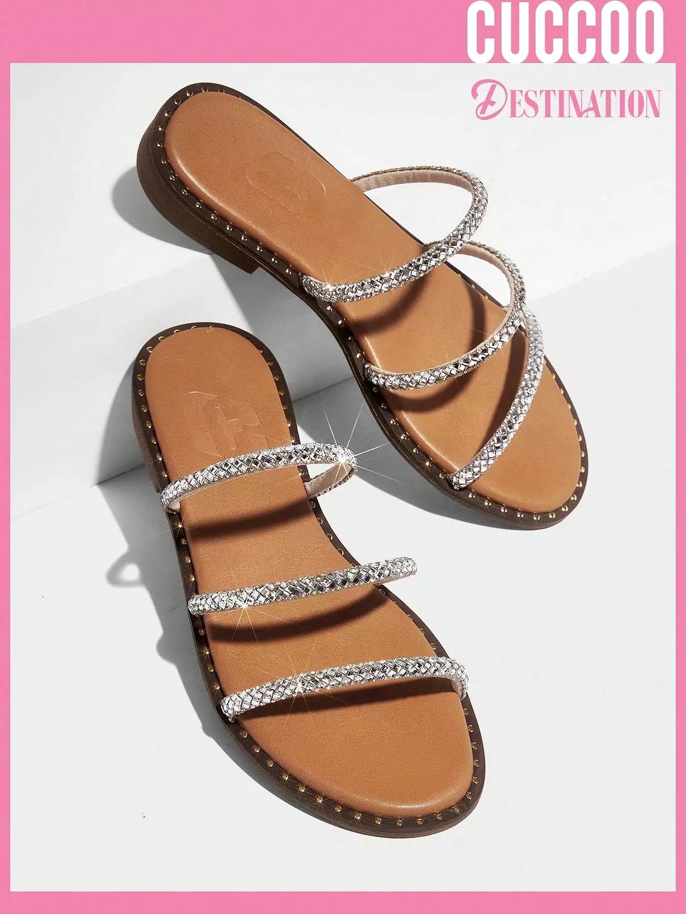 Women Rhinestone Sandals, Multi Strap Flat Sandals, Glamorous Slide Sandals