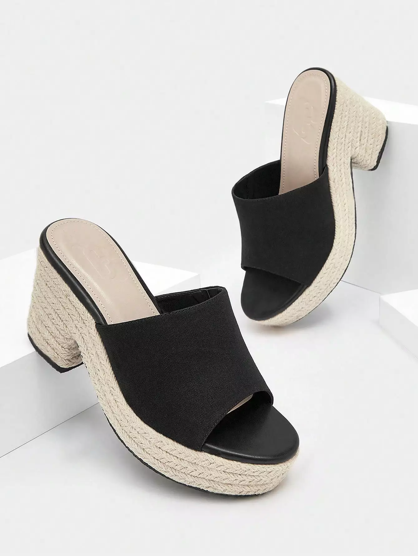 Women Slide Sandals, Black Faux Suede Platform Espadrille Sandals for Vacation