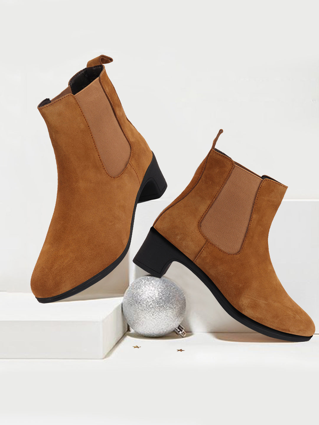 Women suede leather camel high ankle classic winter chelsea boots with flared heel.