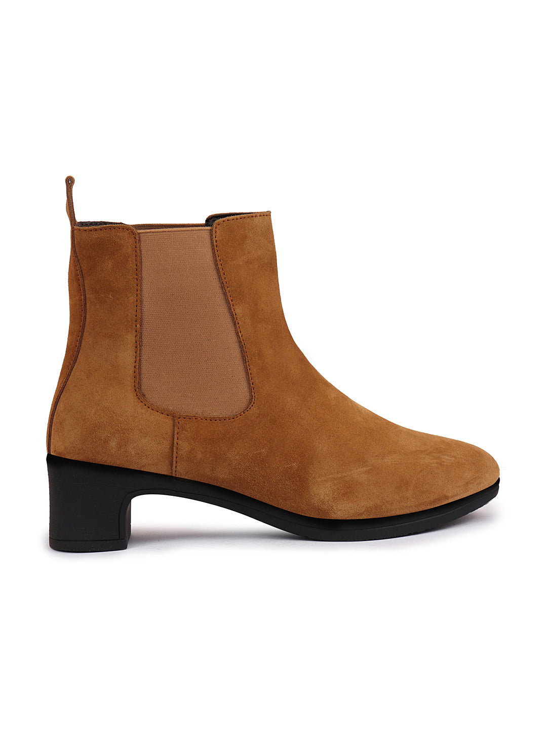 Women suede leather camel high ankle classic winter chelsea boots with flared heel.