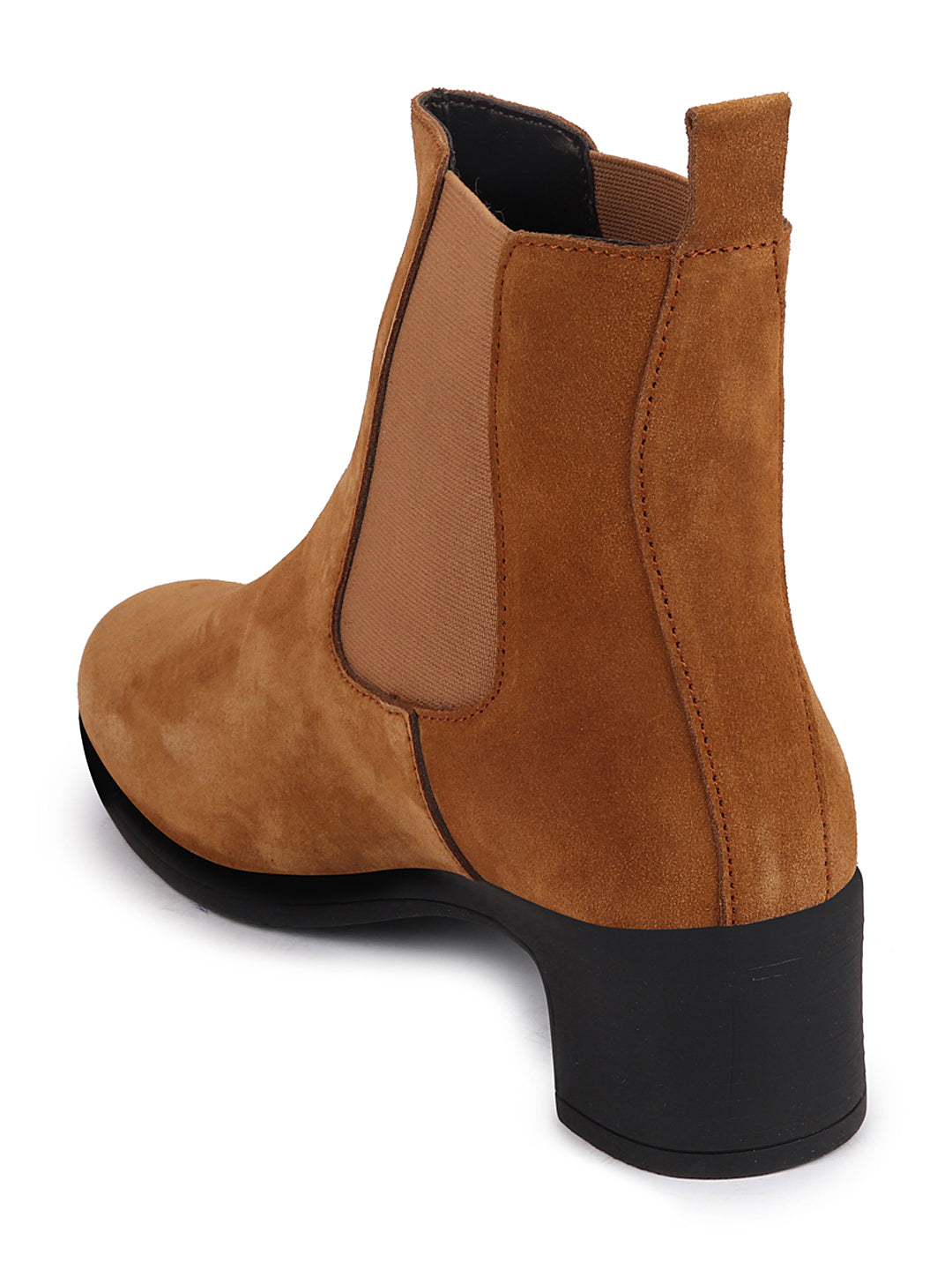 Women suede leather camel high ankle classic winter chelsea boots with flared heel.