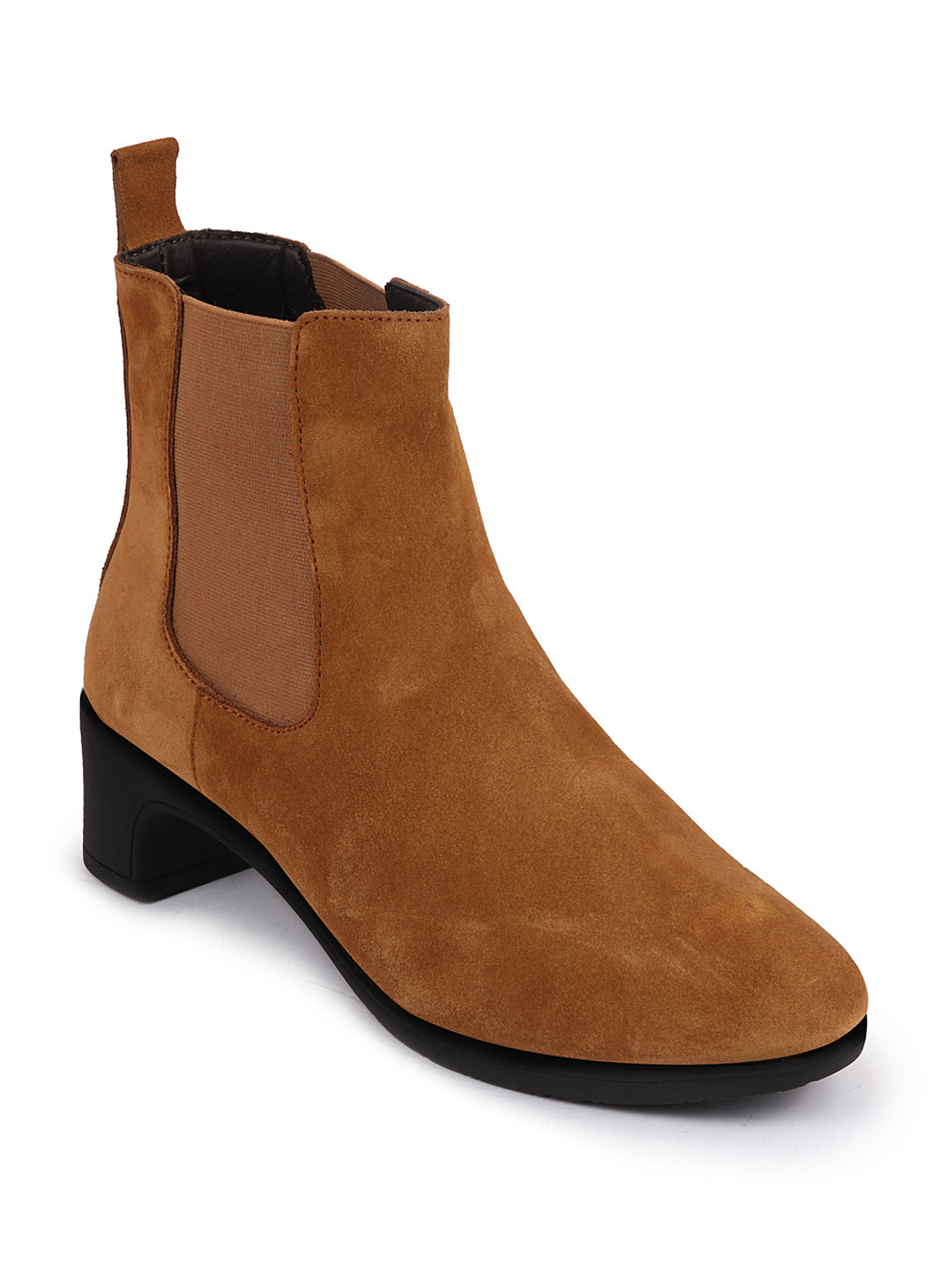 Women suede leather camel high ankle classic winter chelsea boots with flared heel.