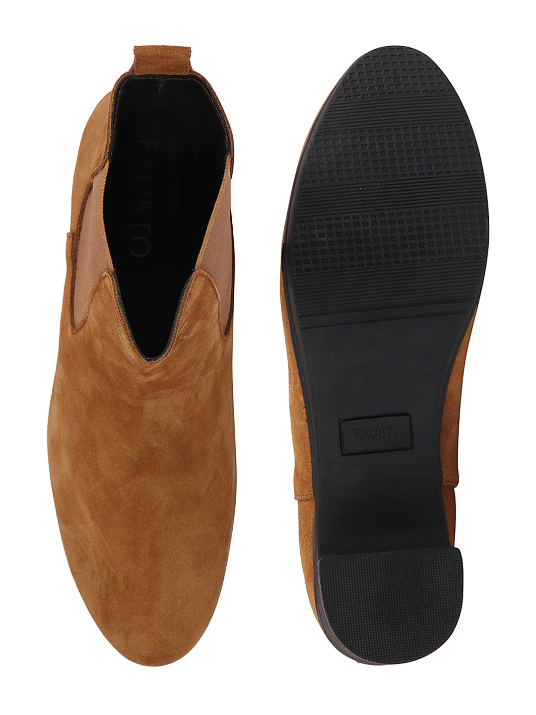 Women suede leather camel high ankle classic winter chelsea boots with flared heel.