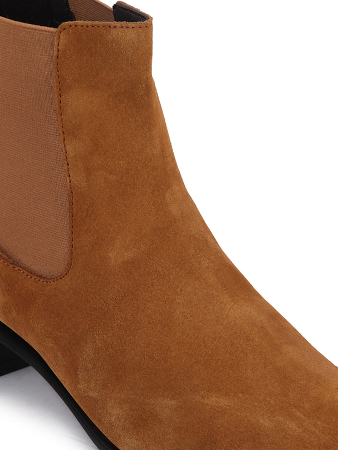 Women suede leather camel high ankle classic winter chelsea boots with flared heel.