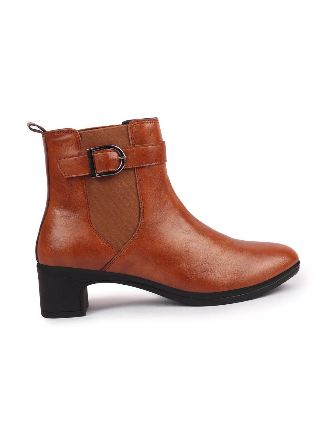 Women Tan Flared Heel High Ankle Classic Winter Buckle Strap Chelsea Boots - Shop Now.