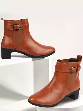 Women Tan Flared Heel High Ankle Classic Winter Buckle Strap Chelsea Boots - Shop Now.